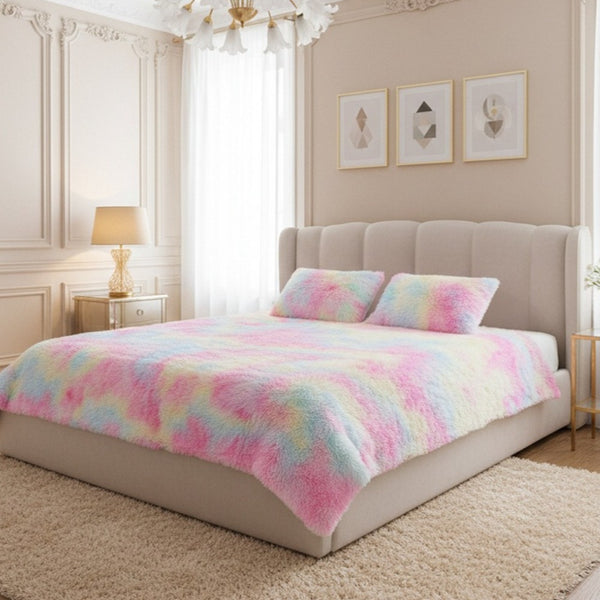 3-Piece Fluffy Tie Dye Duvet Cover Set - Pink Dreamy Princess Style, Romantic Enchanted Glamorous Bedding (1 Duvet + 2 Pillow Shams, No Insert, Easy Care)