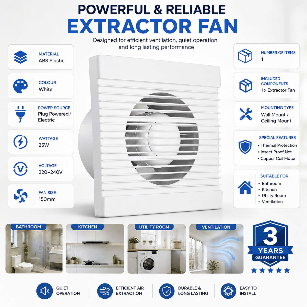 150mm Bathroom Extractor Fan 25W 250m³/h 220-240V Kitchen Wall Ceiling Ventilation