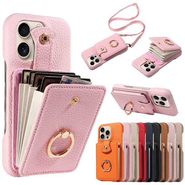 Multi Functional Phone Case for iPhone 17 Pro Max 16 15 14 13 12 11 Faux Leather Accordion Flip Cover with Ring Holder Crossbody Strap Long Lanyard Multi Card Slots Anti Drop