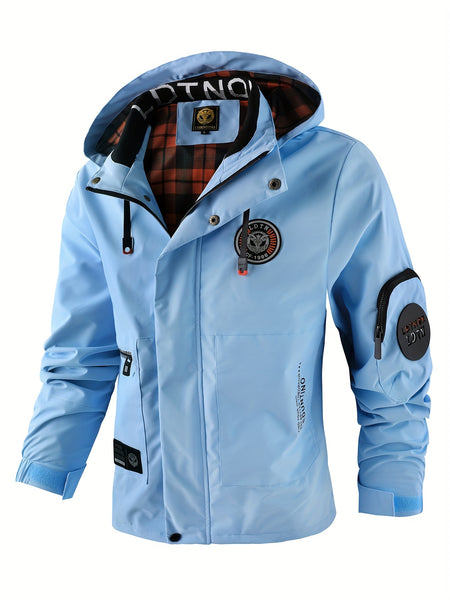 Multiple Pocket Design Men's Embroidery Long Sleeve Zip Up Drawstring Hooded Jacket, Men's Stand Collar Thin Jacket for Spring Outdoor