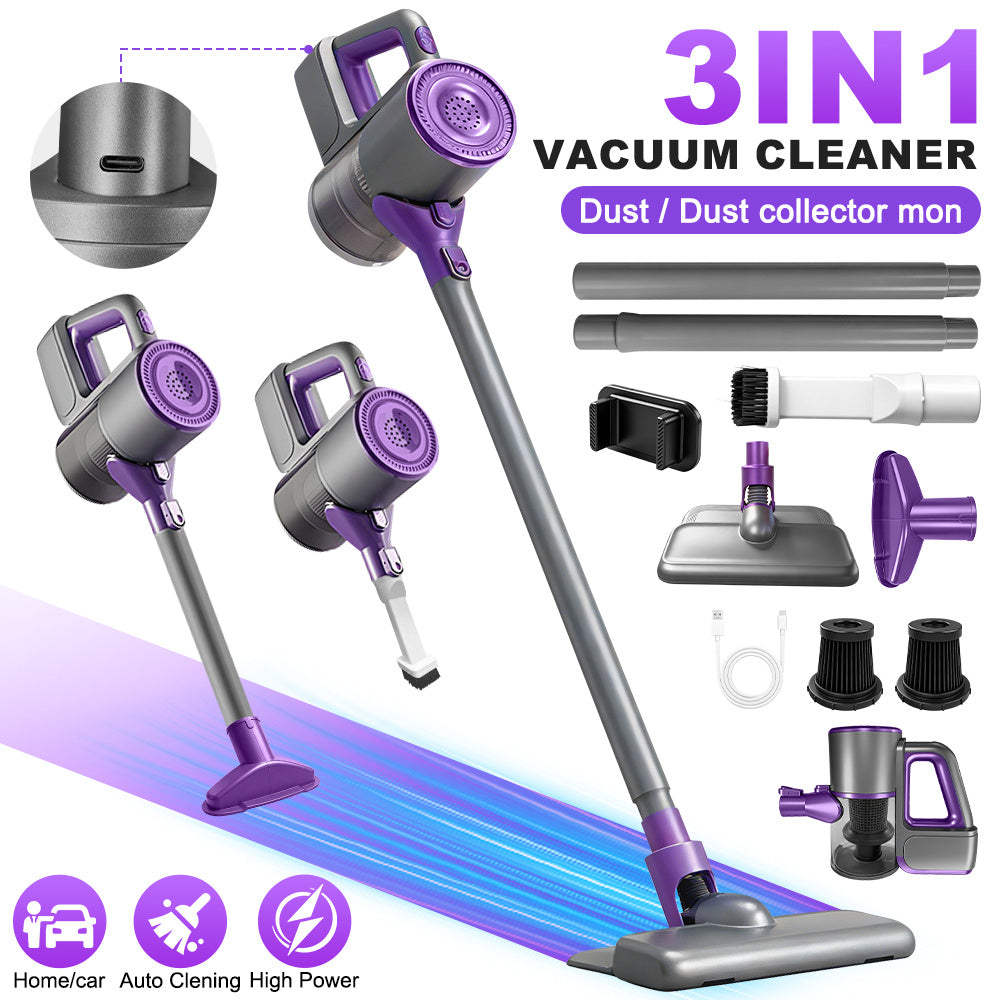 3-in-1 Vacuum Cleaner Handheld Cordless Powerful Suction Rechargeable Car Vacuum Portable Home Stick Vacuum Wet Dry Dust Collector High Power for Home Car Auto Cleaning