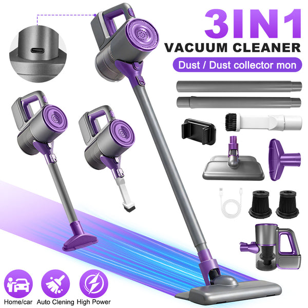3-in-1 Vacuum Cleaner Handheld Cordless Powerful Suction Rechargeable Car Vacuum Portable Home Stick Vacuum Wet Dry Dust Collector High Power for Home Car Auto Cleaning