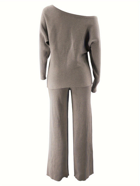 Women's Autumn and Winter Solid Color Off-Shoulder Sweater Top with Pants Set