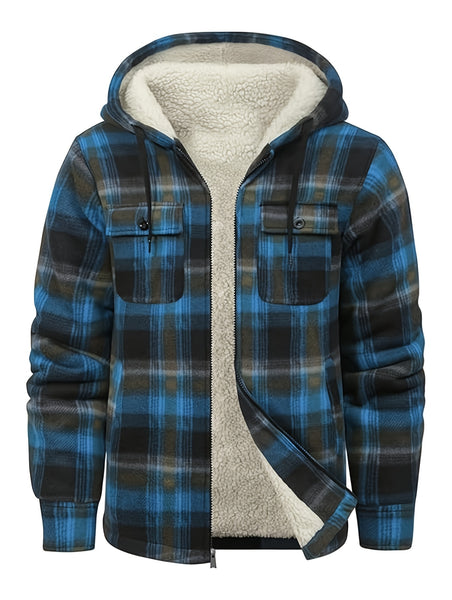 Men's Full-Zip Winter Sports Plaid Hoodie with Sherpa Lining, Warm Hooded Jacket