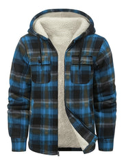 Men's Full-Zip Winter Sports Plaid Hoodie with Sherpa Lining, Warm Hooded Jacket
