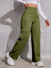 Flap Pocket Solid Color Cargo Pants, Y2K Slant Pocket Button Front Every Day Pants, Women's Clothing