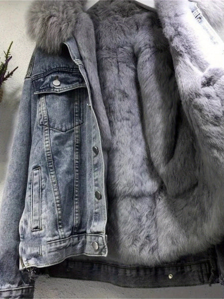Women's Cozy -Lined Denim Jacket - Casual Long Sleeve Outerwear, Loose Fit, Button-Up Front, Flap Pockets, Solid Color, Perfect for Fall/Winter, Casual Winter Wear | Relaxed Fit Jacket | Lined Jacket