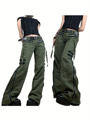 Women Gothic Cargo Pants Loose Low Waist Trousers Wide Leg Baggy Jeans Harajuku Streetwear Punk