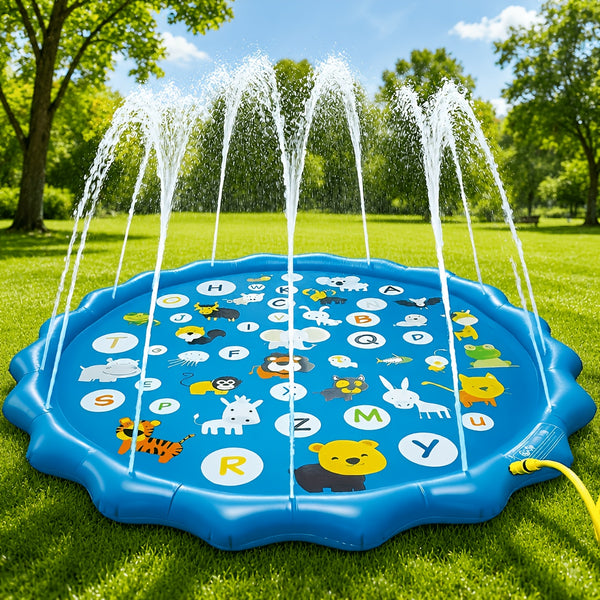 Extra Large Inflatable Sprinkler Pad for Kids, Smart Scientist 26 Alphabets and Animal Patterns, Durable Outdoor Yard Lawn Water Toy Pad for Lawn, Beach, Garden, Summer Park, Alphabet Learning Toys