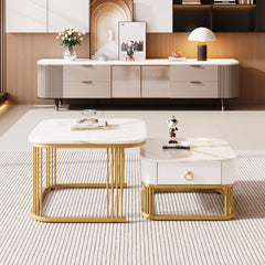 Modern Pedestal Base Space Saving Coffee Table Set of Two, Engineered Wood and Artificial Board Construction, Hardwood, Black Finish, High Gloss Stone Table Top, Metal Golden Accents, with Drawer, Without Electricity, Battery Free.