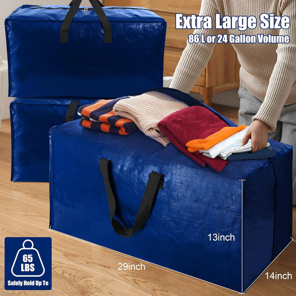Cosy Family 4 Pack Heavy Duty Extra Large Moving Bags with Backpack Straps - Strong Handles & Zippers, Storage Totes for Space Saving, Fold Flat, Alternative to Moving Box (X-Large-Set of 4, Blue)