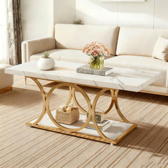 Contemporary 46.45-Inch Rectangular Coffee Table Featuring a Dual-Tier Storage Shelf, Faux Marble Wood Surface, And Elegant Geometric Golden Legs, Ideal for a Living Room