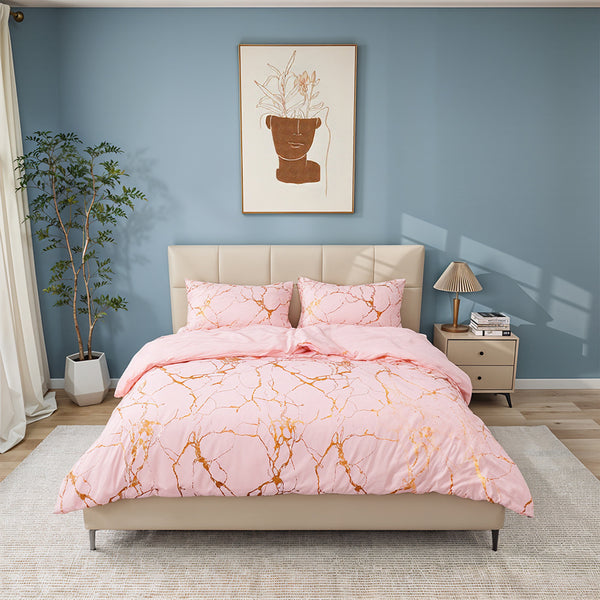1set Pink High-end Bronzing Gilt Marble Bed Duvet Cover and Pillowcase Set, Soft and Comfortable Bedding Three-piece Set for All Seasons, 200*200cm / 220*230cm