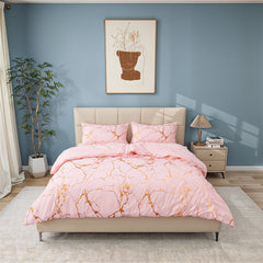 1set Pink High-end Bronzing Gilt Marble Bed Duvet Cover and Pillowcase Set, Soft and Comfortable Bedding Three-piece Set for All Seasons, 200*200cm / 220*230cm