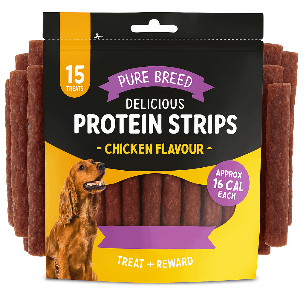 Pure Breed Chicken Protein Strips Dog Treats – Low Calorie 16 Cal Each – Soft Chewy Training Treats for Dogs & Puppies – 150g