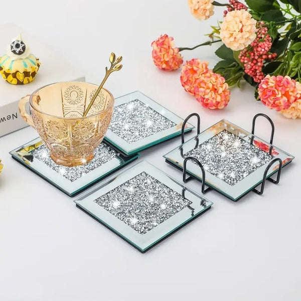 Set of 4 Square Crystal Coasters – 10cm Glass Mirrored Drink Coasters with Glitter Crushed Diamond Design – Elegant Coasters for Home, Kitchen, Bar, or Table Decoration