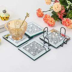 Set of 4 Square Crystal Coasters – 10cm Glass Mirrored Drink Coasters with Glitter Crushed Diamond Design – Elegant Coasters for Home, Kitchen, Bar, or Table Decoration