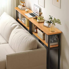 Minimalist Wooden Console Table - Slim Wall-Mounted Single/Double Tier Entryway Shelf with Carbon Steel Frame, Space-Saving Narrow Hallway Table, Bedroom/Living Room Table (80x20cm, MDF Wood + Black/White Metal)