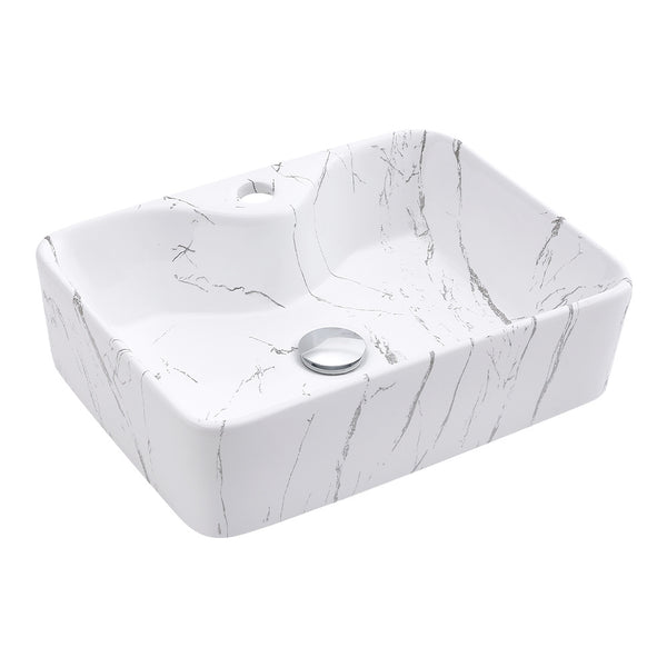 Marble Effect Countertop Sink, Bathroom Basin Sink Vanity Vessel White Ceramic Countertop Rectangular Hand Wash Bowl, Large Bathroom Counter Top Ceramic Wash Basin Cloakroom Sink With Pop-up Waste Drainer Gloss White 480x370x135mm (Tap Not Included)