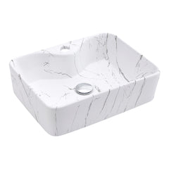 Marble Effect Countertop Sink, Bathroom Basin Sink Vanity Vessel White Ceramic Countertop Rectangular Hand Wash Bowl, Large Bathroom Counter Top Ceramic Wash Basin Cloakroom Sink With Pop-up Waste Drainer Gloss White 480x370x135mm (Tap Not Included)