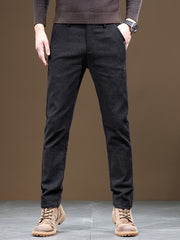 Autumn/Winter Men's Warm Casual Pants, Business Casual Slim-Fit Chenille Trousers, Solid Color