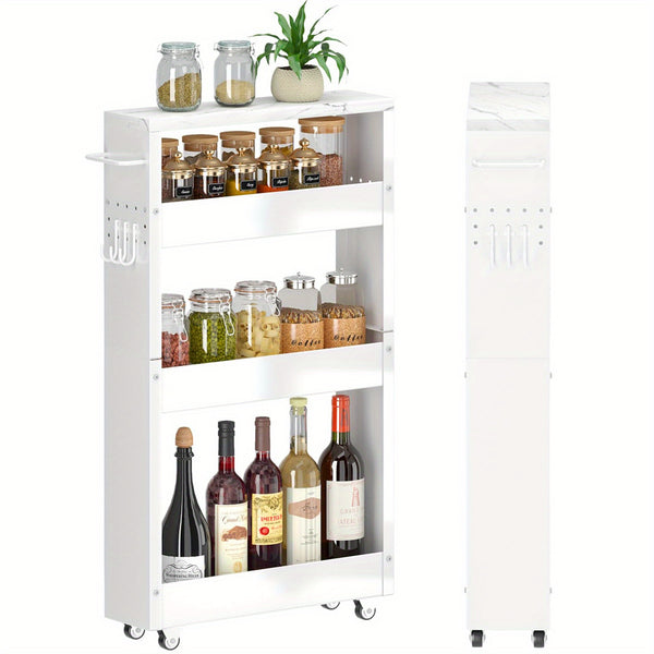 4-Tier White Rolling Storage Cart – Carbon Steel Slim Design with Wheels for Kitchen, Bathroom & Laundry Room Organization, Spice Rack & Condiment Storage, Compact Mobility for Narrow Spaces
