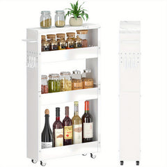 4-Tier White Rolling Storage Cart – Carbon Steel Slim Design with Wheels for Kitchen, Bathroom & Laundry Room Organization, Spice Rack & Condiment Storage, Compact Mobility for Narrow Spaces