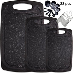 3-piece/13-piece/18-piece/28-piece Cutting Board Set (includes 15 S-shaped hooks, 10 measuring cups, and 10 measuring spoons), Kitchen Plastic Cutting Board, Non-slip Cutting Board with Handle, Juicing Groove and Grinding Groove, Suitable for Meat