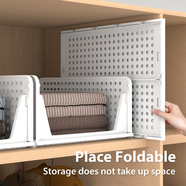 Set of 4 Stackable Foldable Wardrobe Storage Box Organizer, Plastic White Wardrobe Shelves Closet Organiser Box, Pull Out Like a Drawer, Suitable for Home, Bedroom, Kitchen (Easy Open and Folding)