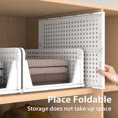 Set of 4 Stackable Foldable Wardrobe Storage Box Organizer, Plastic White Wardrobe Shelves Closet Organiser Box, Pull Out Like a Drawer, Suitable for Home, Bedroom, Kitchen (Easy Open and Folding)