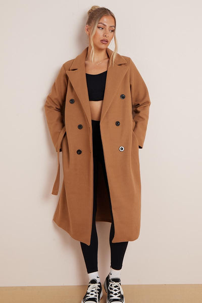 Women's Classy Solid Color Double Breasted Detachable Belted Pocket Pea Coat, Lapel Neck Long Sleeve Outerwear for Fall & Winter