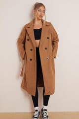 Women's Classy Solid Color Double Breasted Detachable Belted Pocket Pea Coat, Lapel Neck Long Sleeve Outerwear for Fall & Winter