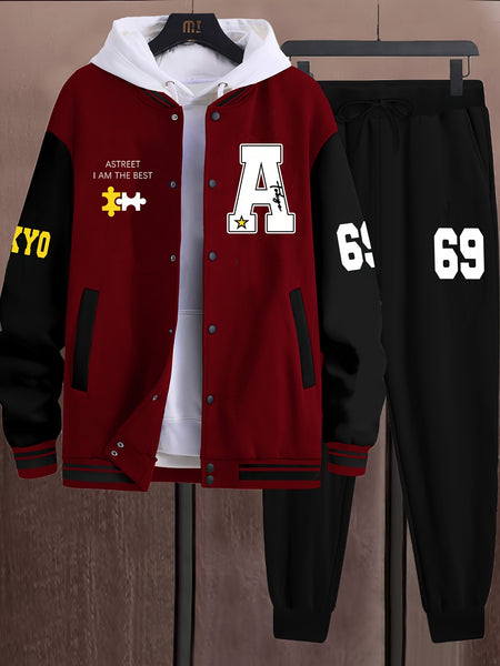 Men's Fashion Casual 69 Set - Color Block Campus Style Jacket - A-69 Letter Print - Excludes Innerwear and Hat - Xingfan OBM