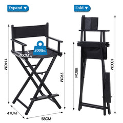 114cm Tall Folding Directors Chair with Footrest and Backrest, Portable Makeup Artist Bar Height, Sturdy Metal Frame 300 lbs Capacity, Ideal for Make-up, Filming and Outdoor Camping, Black