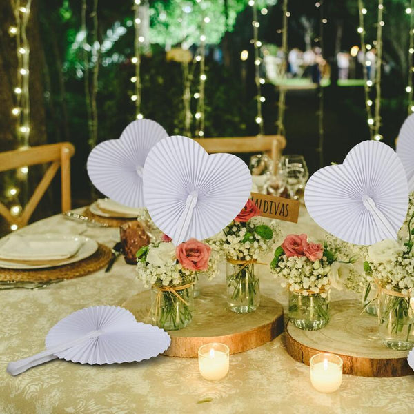30pcs White Heart Shaped Folding Accordion Paper Fans for Wedding Celebrations, Party Decorations and DIY Painting