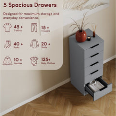 Modern 5 Drawer Narrow Chest of Drawers Dresser Space Saving Storage Organizer Bedroom Furniture