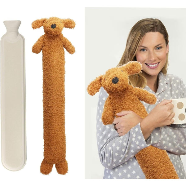 ADEPTNA Extra Long Hot Water Bottle with Sherpa Animal Character - Soft Plush Faux Fur Cover - Comfortable, Safe, Anti-Leak - Body Hot Water Bottle for Neck and Shoulder, Back, Legs, Waist
