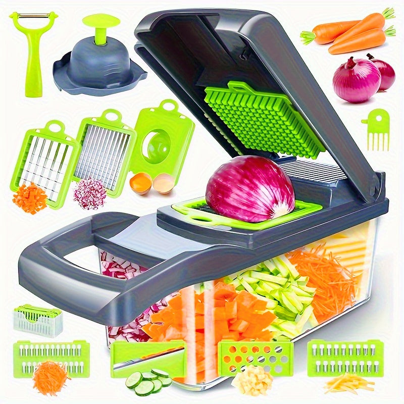 16pcs Vegetable Chopper, Multi-Purpose Fruit Slicer, Handle Food Grater, Vegetable Slicer, Cutter with Container, Onion Chopper with Multiple Interchangeable Blades