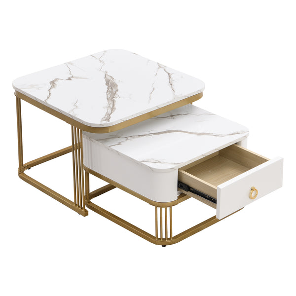 Modern Pedestal Base Space Saving Coffee Table Set of Two, Engineered Wood and Artificial Board Construction, Hardwood, Black Finish, High Gloss Stone Table Top, Metal Golden Accents, with Drawer, Without Electricity, Battery Free.