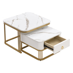 Modern Pedestal Base Space Saving Coffee Table Set of Two, Engineered Wood and Artificial Board Construction, Hardwood, Black Finish, High Gloss Stone Table Top, Metal Golden Accents, with Drawer, Without Electricity, Battery Free.