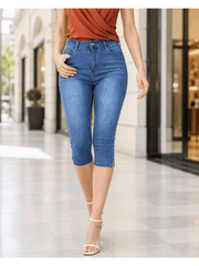 Women’s High Waisted Cropped Capri Jeans, Slim-Fit 3/4 Length Denim Trousers with Side Split Hem, Button Zip Casual Summer Jeans with Pockets