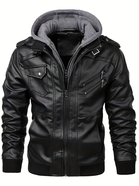 Men'S Black Hooded Jacket - Casual Style, Full-Zip Design with Pockets, Long Sleeves, Polyester Lining, Perfect for Outdoor Activities