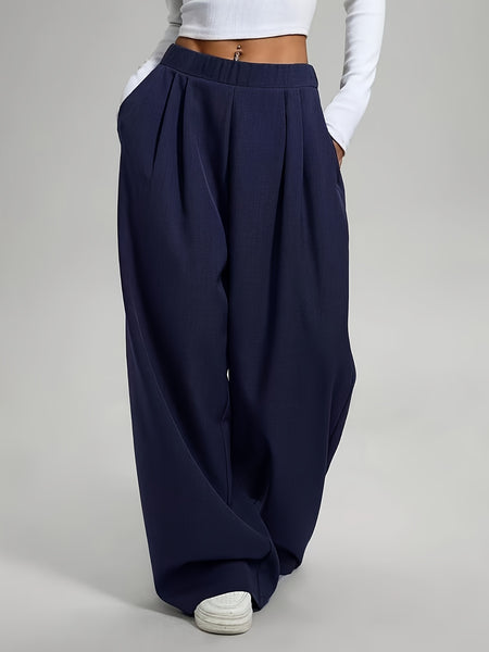 2pcs Women'S Wide-Leg Pants - High-Waisted, Elastic Waistband, Solid Color (Pink & Navy Blue), Loose Fit, Comfortable for Spring/Summer/Fall, Casual & Elegant Style, Allseason Pants | Highwaisted Pants | Elastic Waistband Pants