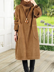 Women'S Elegant Corduroy Dress - Long Sleeve Turtleneck Loose Fit Winter Warm Dress with Pockets, Solid Color (Navy/) - Cozy Fall/Winter