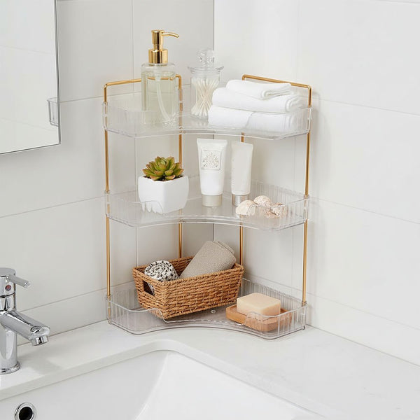 Transparent Triangular Storage Rack Golden Multi-layer, Cosmetic Layered Organizer Design, Suitable for Vanity Bedroom Bathroom, Corner Space Utilization Storage Skincare Products