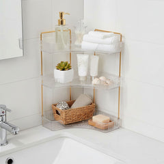 Transparent Triangular Storage Rack Golden Multi-layer, Cosmetic Layered Organizer Design, Suitable for Vanity Bedroom Bathroom, Corner Space Utilization Storage Skincare Products