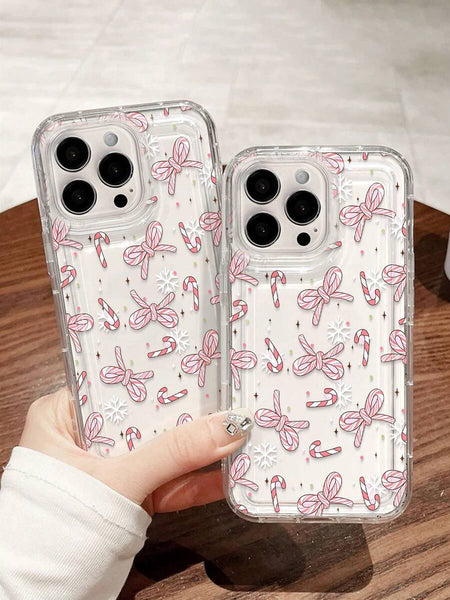 Phone case: 1 Christmas Candy Cane& Bow Transparent Full Coverage Anti-Slip Phone Case Compatible with iPhone 11, 12, XR, 13, 13 Pro, 13 Pro Max, 14, 14 Pro, 14 Pro Max, 15, 15 Pro, 15 Plus, 15 Pro Max, 16, 16 Pro, 16 Plus, 16 Pro Max, 17.