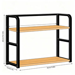 Two-Tier Coffee Bar Organizer for Kitchen Counter, Spice Rack, Versatile Mug Holder Display Stand, Accessory Storage Shelf with Hooks, Black