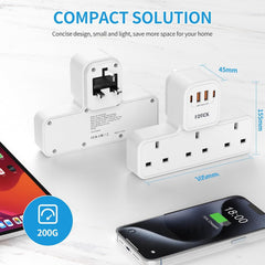FDTEK 3 Gang Plug Adapter Featuring a 4 USB Extension Socket (Including 2 USB-C), Equipped with Surge Protection And Child Safety, Suitable for Phones, Tablets, And Use in Homes Or Offices, with a Capacity of 13A 3250W