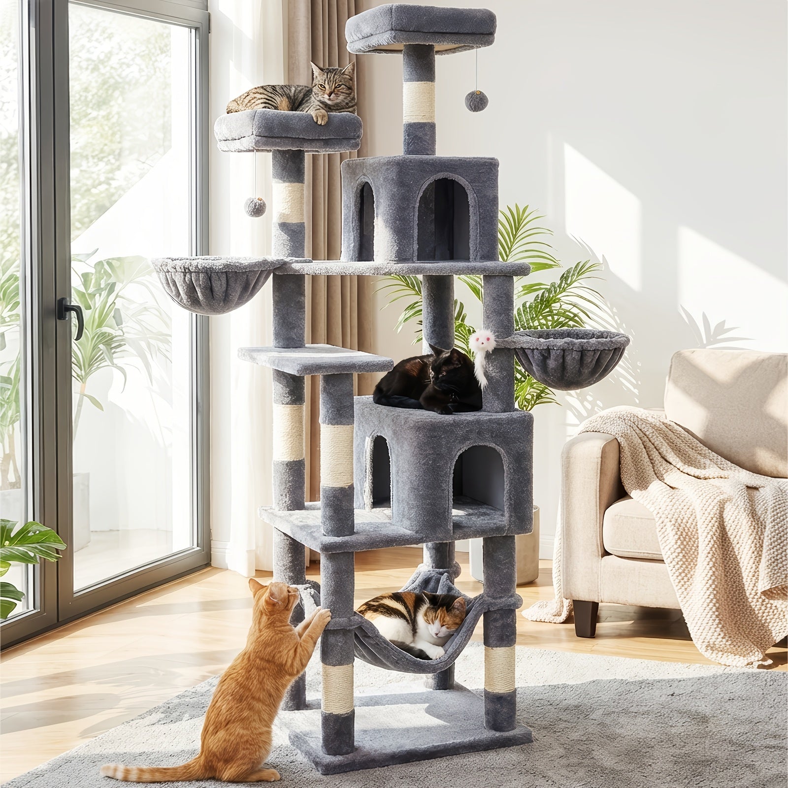 AMHANCIBLE 180cm Tall Cat Tree, Multi-Functional Cat Tower With Perches, Condos & Sisal Poles, Sturdy Wooden Cat Playground For Multi-Cat Households, Easy To Assemble